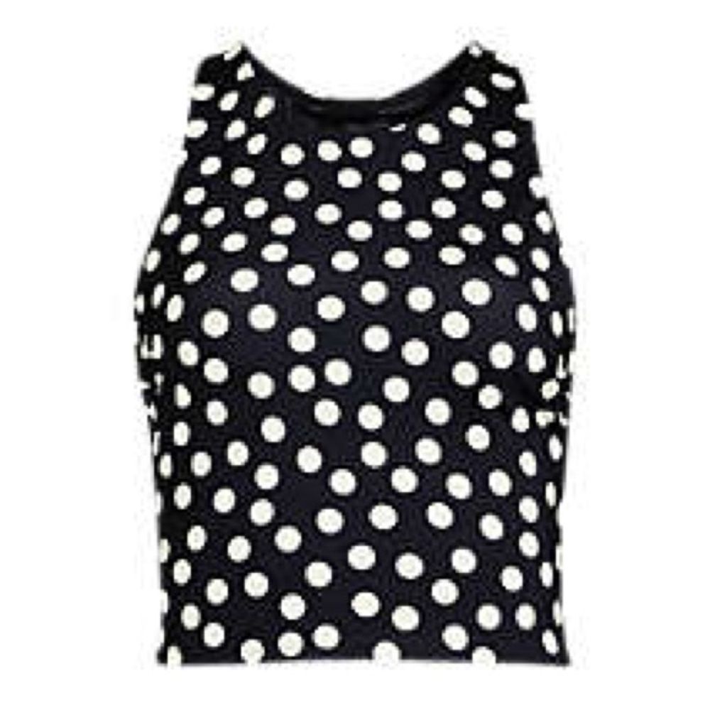 Land's End Tankini top Racer Back High Neck Midkini black egret polka dot Var